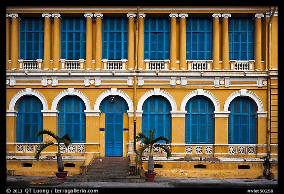 Facade of courthouse with blue doors and windows. Ho Chi Minh City, Vietnam