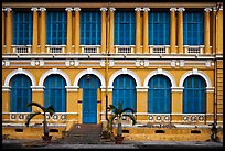 Facade of courthouse with blue doors and windows. Ho Chi Minh City, Vietnam