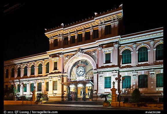 Central Post Office facade at night. Ho Chi Minh City, Vietnam