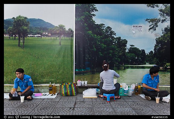 Male students, female food vendor, and landscapes. Ho Chi Minh City, Vietnam (color)