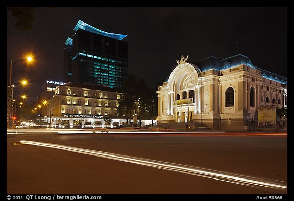 Opera House and Hotel Continental at night. Ho Chi Minh City, Vietnam