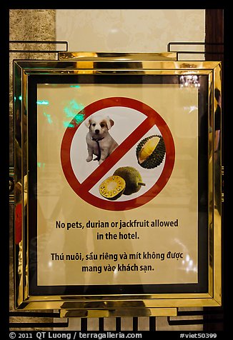 Hotel sign prohibiting smelly tropical fruits. Ho Chi Minh City, Vietnam