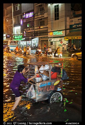 Vendor pushing foot car into the water at night. Ho Chi Minh City, Vietnam