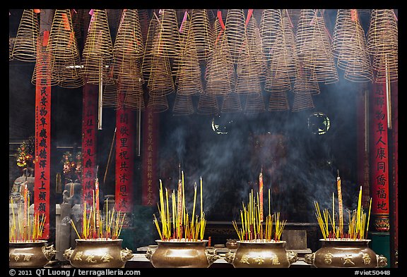Urns, incense coils, and incense smoke, Thien Hau Pagoda. Cholon, District 5, Ho Chi Minh City, Vietnam (color)