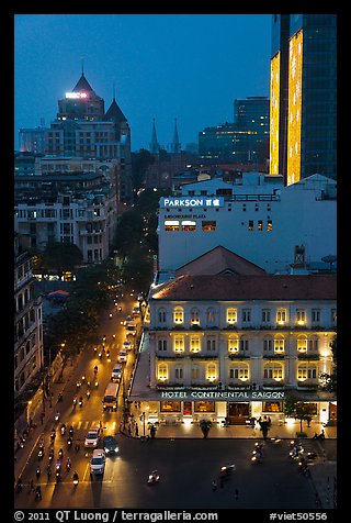 Hotel Continental, streets, and Basilica at night. Ho Chi Minh City, Vietnam (color)