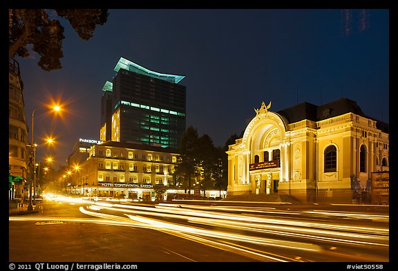 Opera house and streaks from traffic at night. Ho Chi Minh City, Vietnam