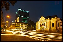 Opera house and streaks from traffic at night. Ho Chi Minh City, Vietnam (color)