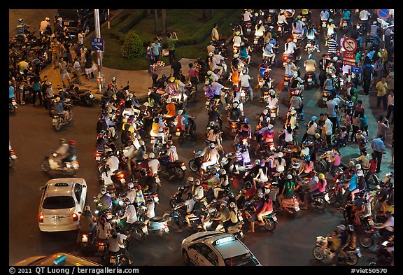 Traffic from above, intersection of Nguyen Hue and Le Loi. Ho Chi Minh City, Vietnam