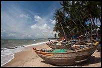 Beach with palm trees and fishing boats. Mui Ne, Vietnam (color)