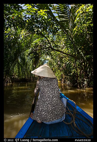 Woman rowing boat under jungle canopy, Phoenix Island. My Tho, Vietnam (color)