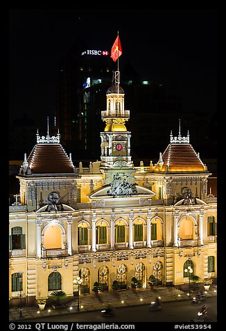 Peoples committee building (former City Hall) by night. Ho Chi Minh City, Vietnam