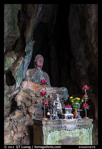 Altar and Buddha statue in grotto. Da Nang, Vietnam