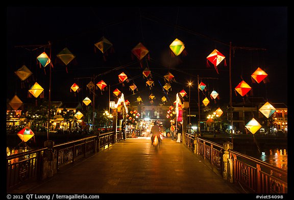 Cam Nam bridge with lighted lanterns at night. Hoi An, Vietnam