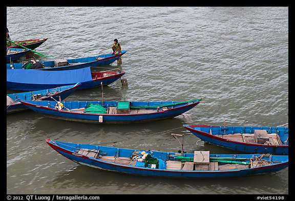 Blue fishing sampans from above. Vietnam