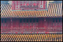 Detail of tile roof and wooden palace, citadel. Hue, Vietnam (color)