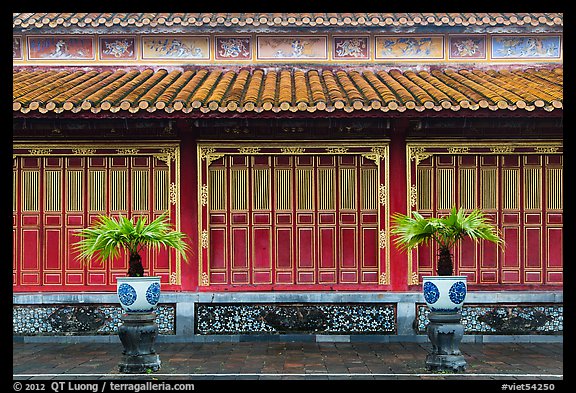 Facade with red and golden doors, imperial citadel. Hue, Vietnam