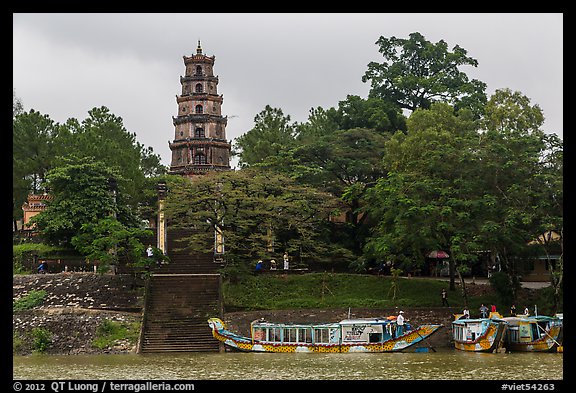 Phuoc Duyen Tower seen from river. Hue, Vietnam (color)