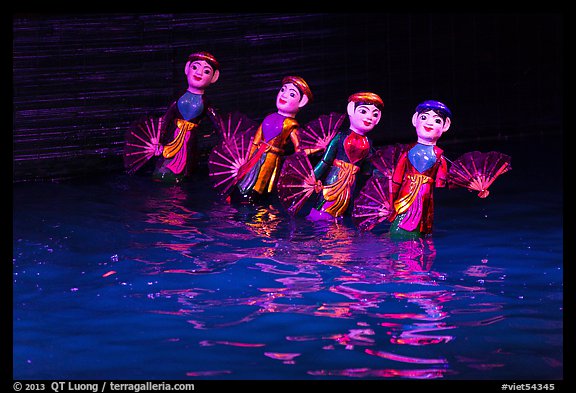 Water puppets (4 characters with fans), Thang Long Theatre. Hanoi, Vietnam (color)