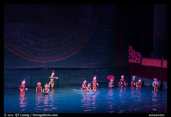 Water puppets (12 characters from various skits), Thang Long Theatre. Hanoi, Vietnam (color)