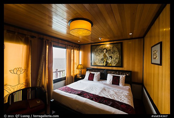 Indochina Sails stateroom and view. Halong Bay, Vietnam (color)