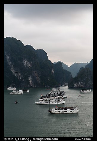 Elevated view of white tour boats and islets. Halong Bay, Vietnam