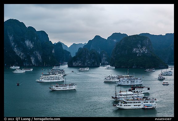Tour boats and karstic islands from above. Halong Bay, Vietnam