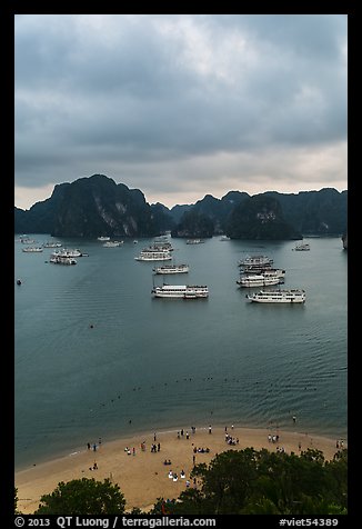 Elevated view of beach, boats and karst from Titov Island. Halong Bay, Vietnam