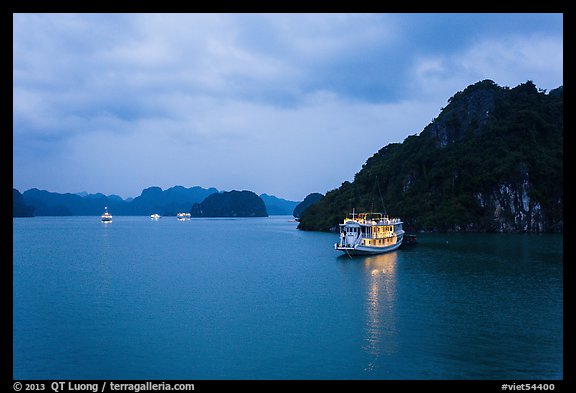 Tour boats at dawn. Halong Bay, Vietnam