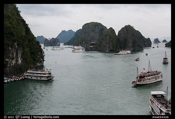 Tour boats and islands from above. Halong Bay, Vietnam