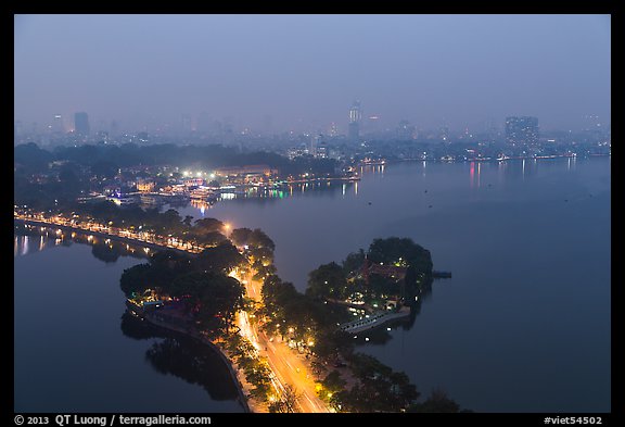 West Lake and city skyline from above by night. Hanoi, Vietnam