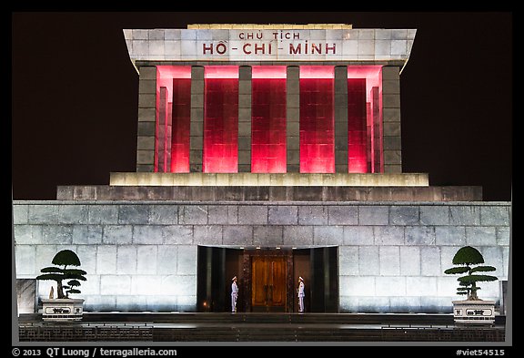 Ho Chi Minh Mausoleum lit in red. Hanoi, Vietnam (color)