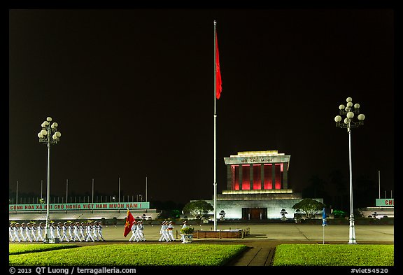 Guards marching in front of Ho Chi Minh Mausoleum at night. Hanoi, Vietnam