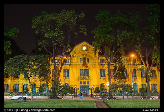 Colonial-area buildings bordering Ba Dinh Square at night. Hanoi, Vietnam