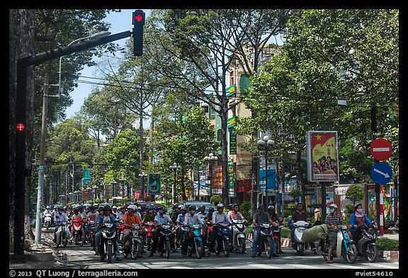 Motorcyclists on tree-lined street, district 5. Ho Chi Minh City, Vietnam