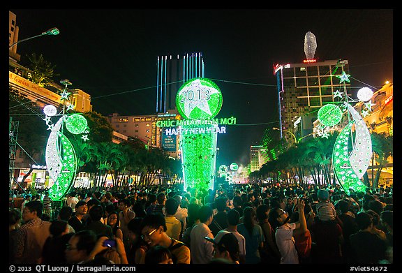 Crowds on Nguyen Hue boulevard on New Year eve. Ho Chi Minh City, Vietnam