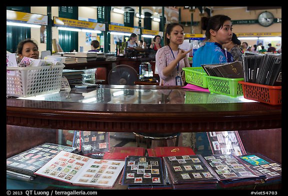 Stamp vending booth in central post office. Ho Chi Minh City, Vietnam (color)