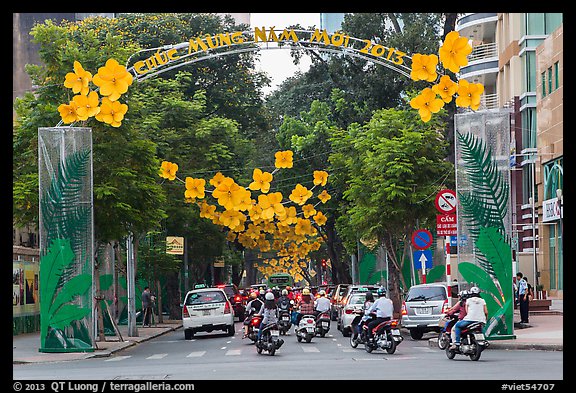 Street with holiday decorations. Ho Chi Minh City, Vietnam