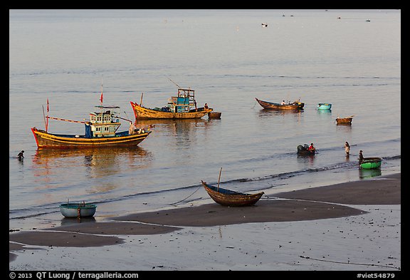 Beach and fishing boats from above. Mui Ne, Vietnam (color)