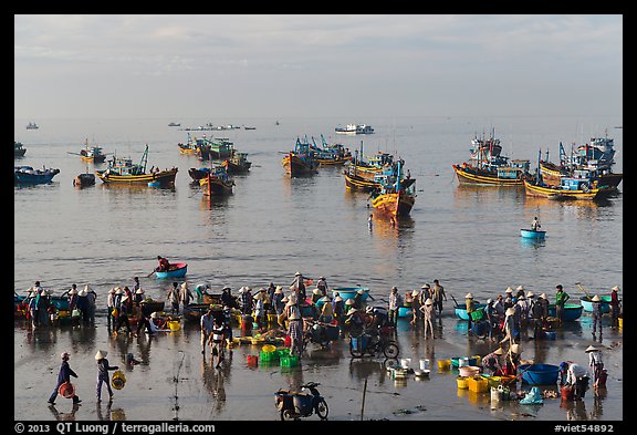 View from above of fishermen, vendors, and fishing fleet. Mui Ne, Vietnam (color)