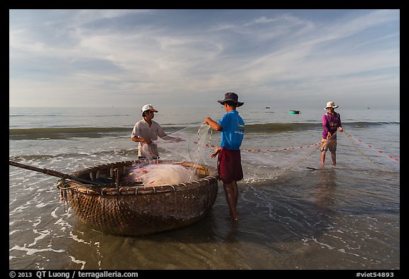 Fishermen folding fishing net into coracle boat. Mui Ne, Vietnam (color)