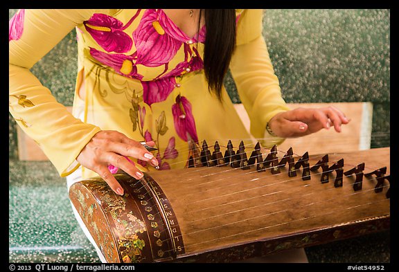 Close up of hands playing plucked zither. My Tho, Vietnam (color)