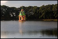 Spirit house in large pond. Tra Vinh, Vietnam (color)