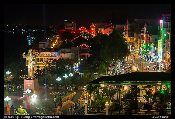 Mekong River waterfront at night from above. Can Tho, Vietnam