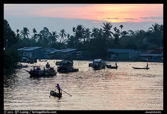 Boats and river at sunrise, Phung Diem. Can Tho, Vietnam (color)