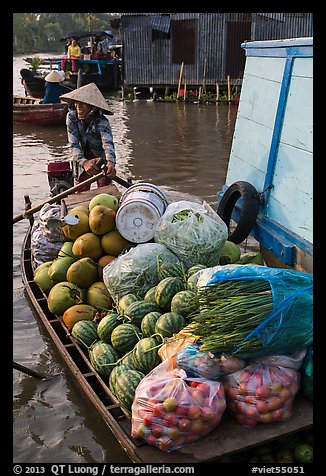 Woman paddles boat fully loaded with produce, Phung Diem. Can Tho, Vietnam (color)