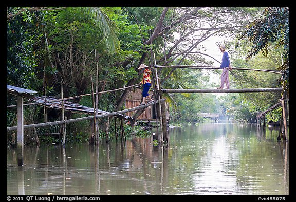 Villagers crossing monkey bridge. Can Tho, Vietnam