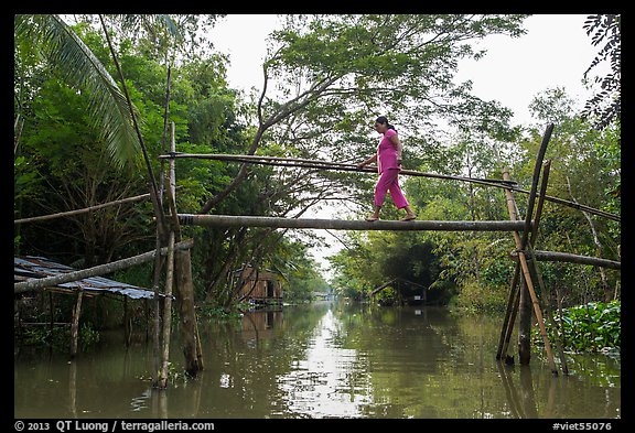 Woman traversing monkey bridge. Can Tho, Vietnam (color)