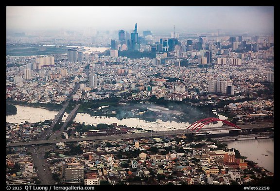 Aerial view of Saigon River and downtown. Ho Chi Minh City, Vietnam