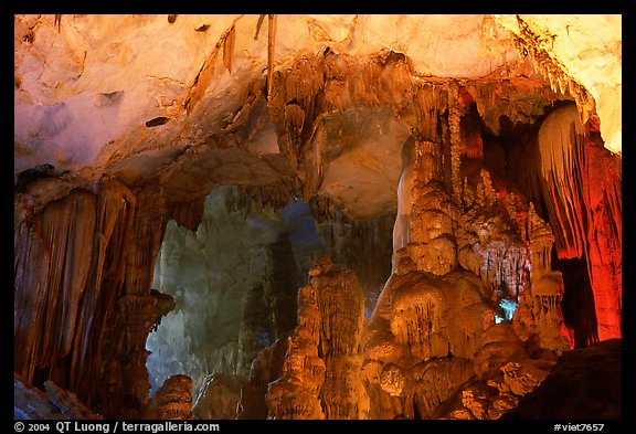 Illuminated cave formations, upper cave, Phong Nha Cave. Vietnam