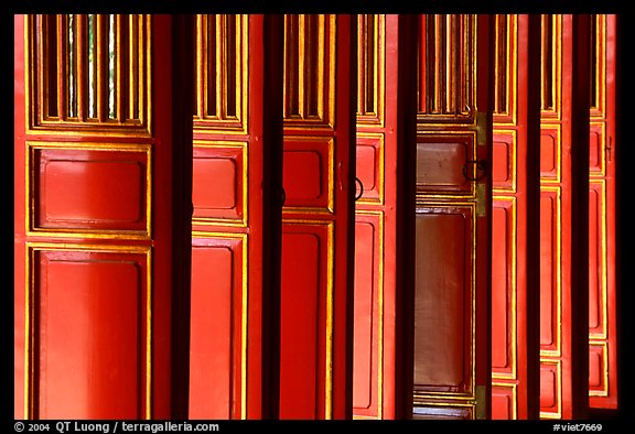 Red doors of the shrine inside the Minh Mang Mausoleum. Hue, Vietnam